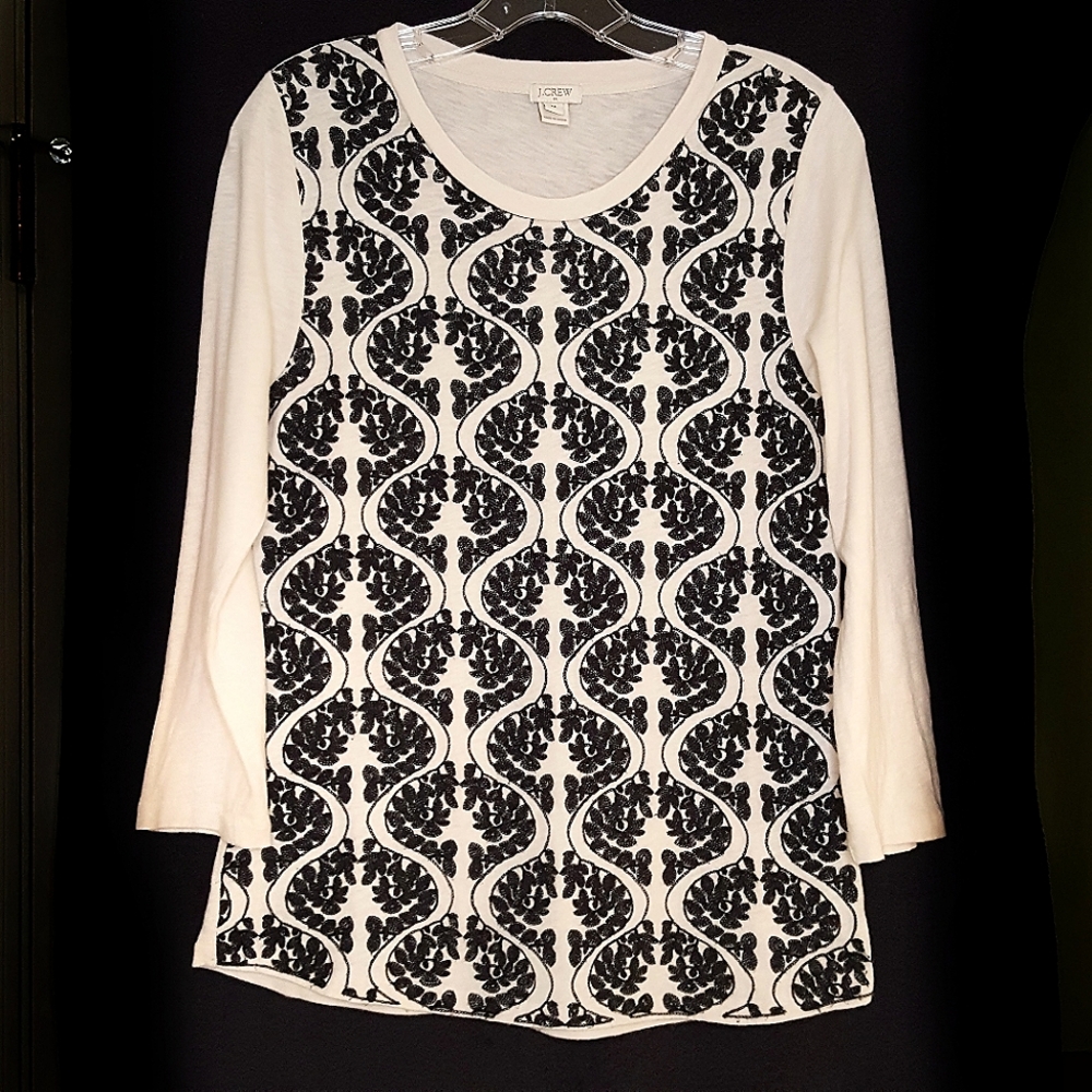 J. Crew Factory Black & Cream Pattern 3 Quarters Sleeve T-shirt, Size M